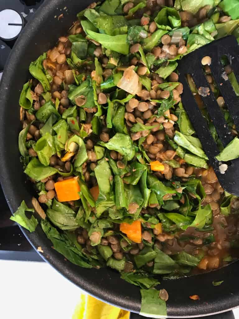 Stewing lentils and chard