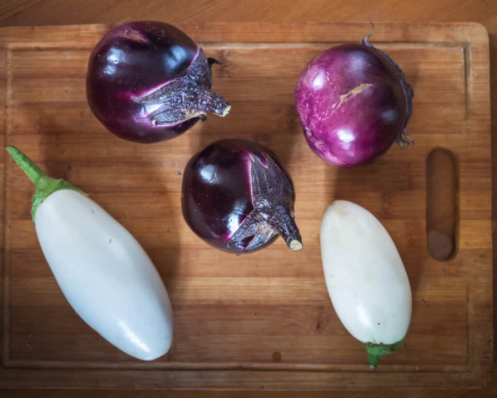 Peaches and Eggplants with pastel purple