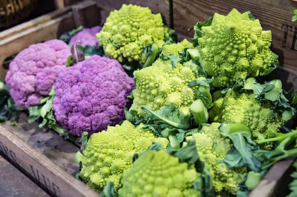 Broccoflower and purple cauliflower