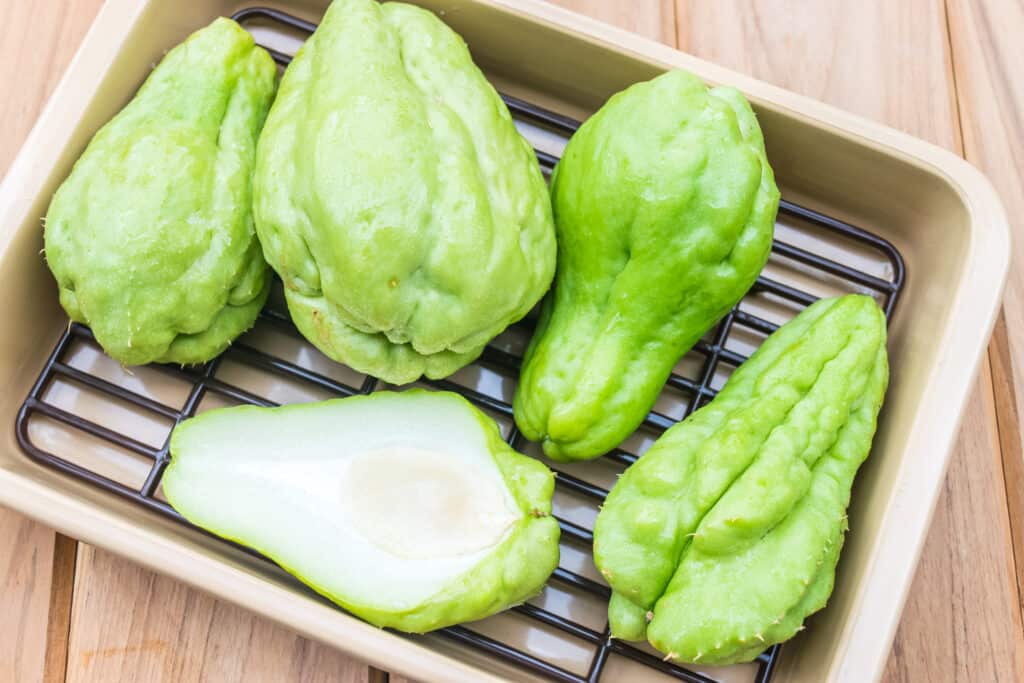 chayote sliced in kitchen