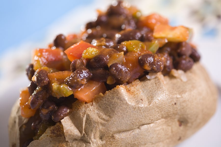 Black bean chili on potato