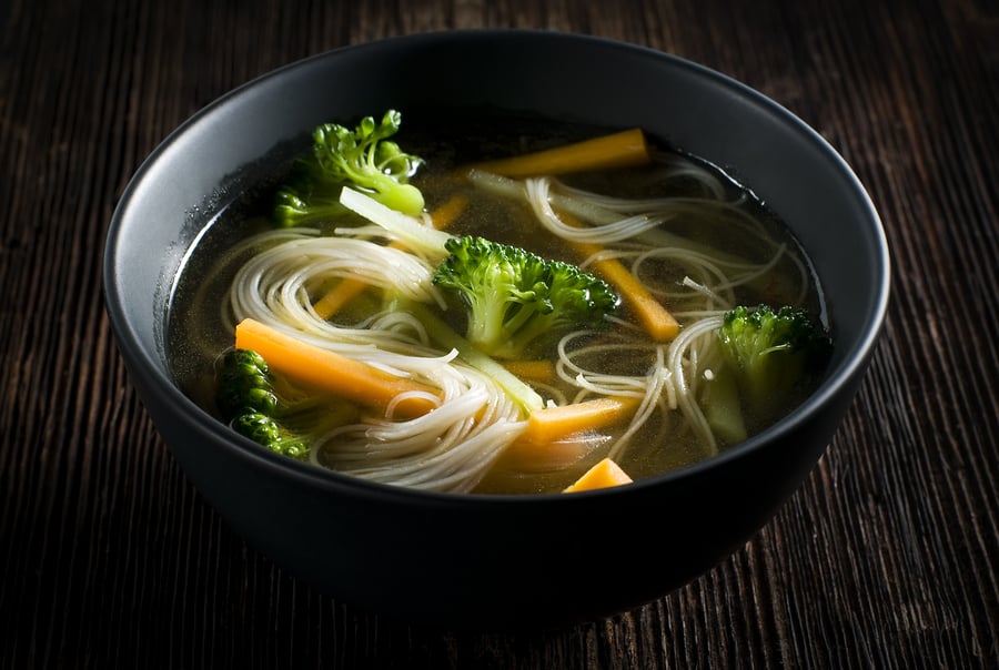 Beef broth, rice noodles, broccoli and carrots