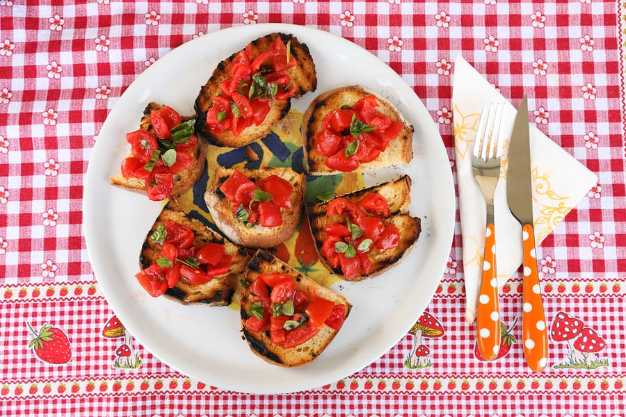 Bruschetta: toasted bread with tomato, garlic and basil