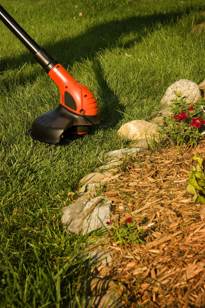 String trimmer cuts grass along the edge of a rock garden where a mower can't go.