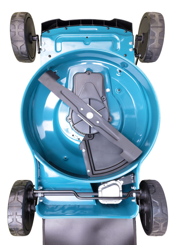 The underside of a rotary lawn mower.