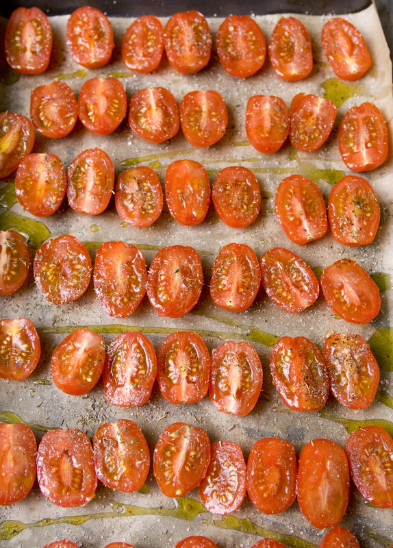 Tomatoes prepared for oven drying